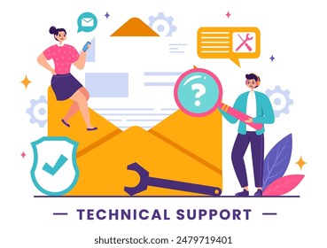 Vector Illustration of a Technical Support System featuring Software Development, Customer Service and Technology Help in a Flat Cartoon Background