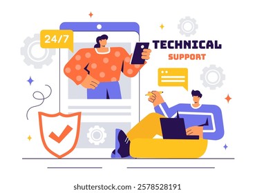 Vector Illustration of a Technical Support System Featuring Software Development, Customer Service, and IT Assistance in a Flat Style Background