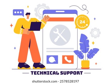 Vector Illustration of a Technical Support System Featuring Software Development, Customer Service, and IT Assistance in a Flat Style Background