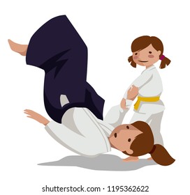 Vector illustration of a technique made in Tachi waza. A woman in hakama and a girl in keikogi. Suitable for oriental martial arts such as aikido, judo, karate, jiu-jitsu, budo