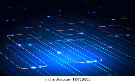 Vector illustration of a techno technology design of luminous lines on a dark blue background. The modern concept of digital technology. EPS 10.