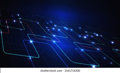 Vector illustration of a techno technology design of luminous lines on a dark blue background. The modern concept of digital technology. EPS 10.