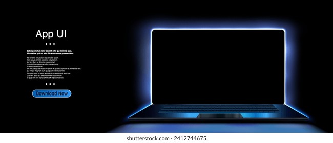 A vector illustration of a technological background featuring a laptop situated on a desk in a dark room with blue lighting. It’s a portable neon computer with a blank screen.