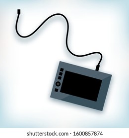 Vector illustration. Technological gadget. Graphics Drawing Tablet with shadow. Vignette background.