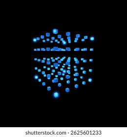 Vector illustration of technology background with glowing neon blue cubes. Data cores. Quantum computer service. Programming and innovation. ENERGY. Isolated black background.