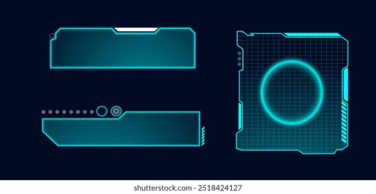 Vector illustration technology box, futuristic callout title banner, and digital frame boxes. HUD screen or textbook Cyberpunk style. 