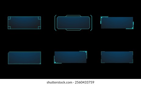 Vector illustration of technology box, futuristic callout title banner, and digital frame boxes. HUD screen or textbook blue simple