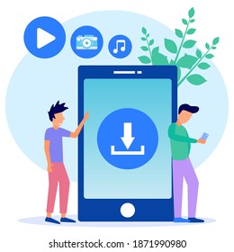 Ilustración vectorial del concepto de tecnología, descargar archivos, guardar, descargar, música, imágenes, carpetas de transferencia de datos con documentos, seguridad de datos.
