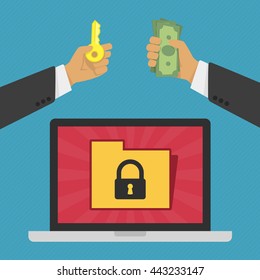 Vector illustration of technology data privacy and security concept. Internet Security Concept with A Laptop, Personal Information. Businessman pays hackers for the key to the information in laptop.