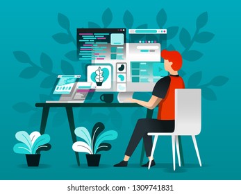 Vector illustration technology and design concept, worker designing and programming on PC, in flat cartoon style. metaphor for internet, remote, unlimited creativity, and the creative industry