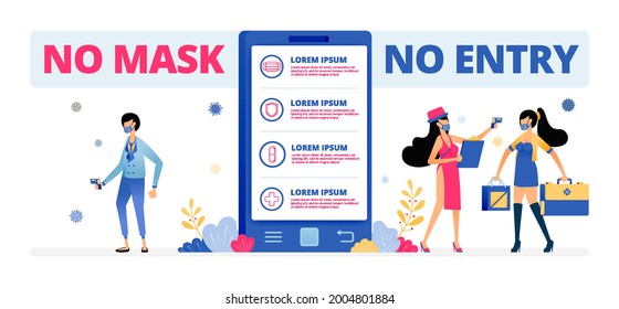 Ilustración vectorial de la tecnología para asegurar que la gente use máscaras en las vacaciones. Información de NO ENTRADA NO MÁSCARA. El diseño puede ser para página de inicio, sitio web, afiche, aplicación móvil, web, folleto, volante, post