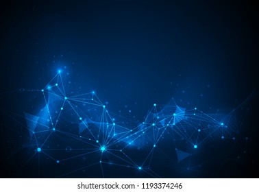 Vector illustration technology on blue background. Abstract internet network connection design for web site. Digital data, global communication, science and futuristic concept
