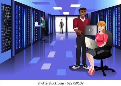 A vector illustration of Technology People Working in Data Center