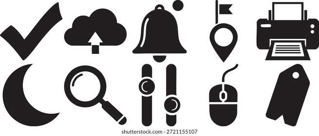 Ilustración vectorial de iconos de tecnología y productividad, como marca de verificación de almacenamiento en la nube Alerta Bell Mapas Puntero Impresora de oficina Media luna Búsqueda de lupa Deslizadores Ratón de computadora y etiquetas