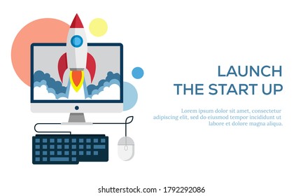 Vector illustration of a technology rocket taking off from a laptop symbolizing the tech startup industry. Suitable for illustrations from the promotion of a company project, and the promising success