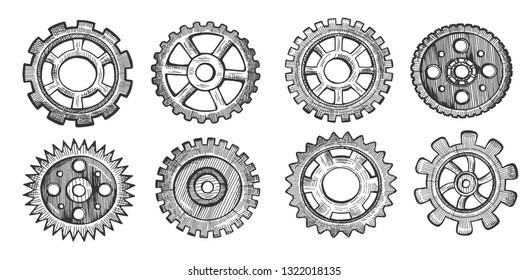 Vector illustration of technology set. Machine gear different types and shapes, wheel cogwheel, pinions. Vintage hand drawn style.