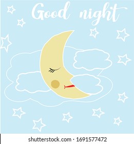  Ilustración vectorial. El oso de peluche está dormido en una nube en el cielo nocturno y las estrellas. Tarjeta bebé con letra "Buenas noches"
