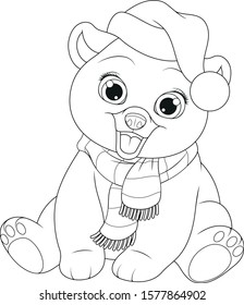 Ilustración vectorial, oso de peluche con tapa y pañuelo, páginas de color