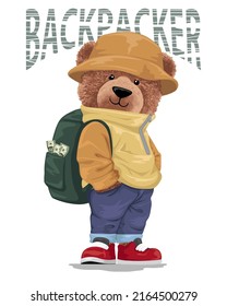 Vector illustration of teddy bear carrying backpack full of money