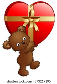 Vector illustration of Teddy bear carrying big gift of red heart