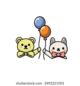 Ilustración vectorial de osito de peluche y gato sosteniendo los globos para la fiesta de cumpleaños