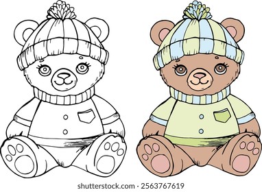 Ilustración vectorial de un oso de peluche para colorear libro, 2 tipos, contorno y en color. Formato EPS 10. Ilustración vectorial linda de la página para colorear del oso de peluche de la historieta delineada aislada en el fondo blanco