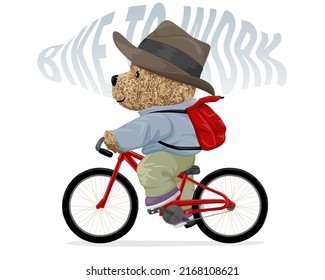 Ilustración vectorial del ciclismo de oso de peluche con sombrero de vaquero llevando mochila