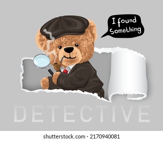 Vector illustration of teddy bear in detective costume holding magnifying glass