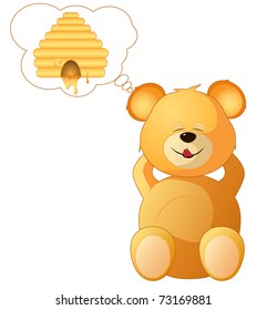vector illustration of teddy bear dreaming beehive full of honey