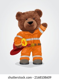 Vector illustration of teddy bear in fireman uniform holding fireman helmet