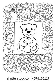 Vector illustration a teddy bear a framed surrounded flowers. Work made by hand. Book Coloring anti-stress for adults and children. Black and white.
