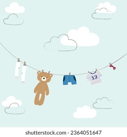 ilustración vectorial de un oso de peluche colgado en un tendedero con pantalones de jean cortos , una camiseta de rayas número 12 , un par de medias y un arco rojo bajo el cielo azul con nubes 