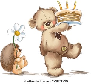 Vector Illustration. Teddy Bear And Hedgehog. Birthday Cake.