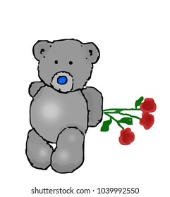 Vector illustration of a teddy bear hides behind back a bouquet of three rose flowers. Template for greeting card with Valentines day, Womens day and birthday