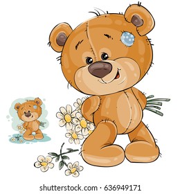 Vector illustration of a teddy bear hides behind back a bouquet of flowers. Template for greeting card with Valentines day, Womens day and birthday