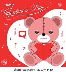 vector illustration of a teddy bear holding a heart Red background, musical notes, geometric shapes, for use in love festivals and valentines day.