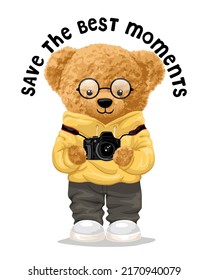 Vector illustration of teddy bear holding camera