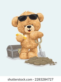 Vector illustration of teddy bear holding gold, digging treasure with shovel