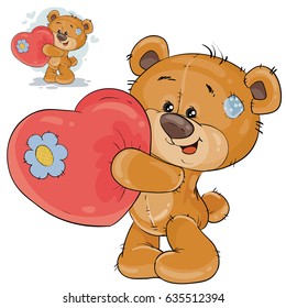 Vector illustration of a teddy bear holding a red heart in his paws, confessing to love. Print, template, design element