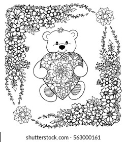 Vector illustration of a teddy bear holds heart  from flowers in the frame. Work done by hand. Book Coloring anti-stress for adults and children. Black and white.