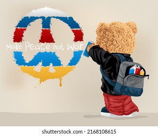 Vector illustration of teddy bear painting colorful peace symbol with spray paint