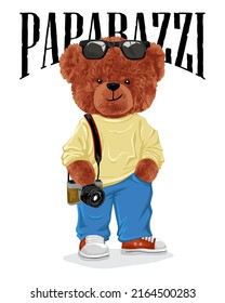 Vector illustration of teddy bear paparazzi with camera