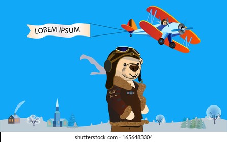 Vector illustration of a teddy bear pilot. A plane with the inscription flies in the sky. For design cards