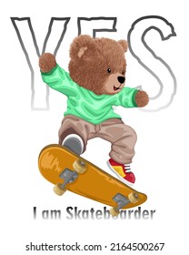 Vector illustration of teddy bear playing skateboard on typography background