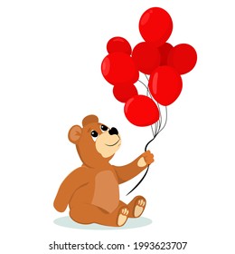 vector illustration of teddy bear with red balloons in hand, isolated on a white background