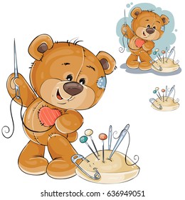 Vector illustration of a teddy bear sewing on itself a red patch in the shape of a heart. Template for greeting card with Valentines day