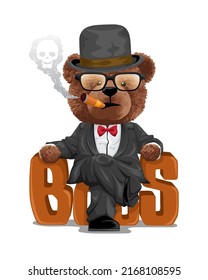 Vector illustration of teddy bear in suit wearing bowler hat sitting on "boss" text while smoking