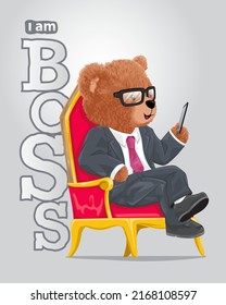 Vector illustration of teddy bear in suit sitting on throne while holding smartphone 