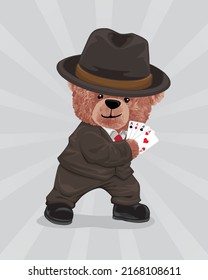 Vector illustration of teddy bear in suit wearing bowler hat holding aces playing card