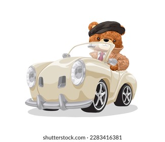 Vector illustration of teddy bear in suit on classic car